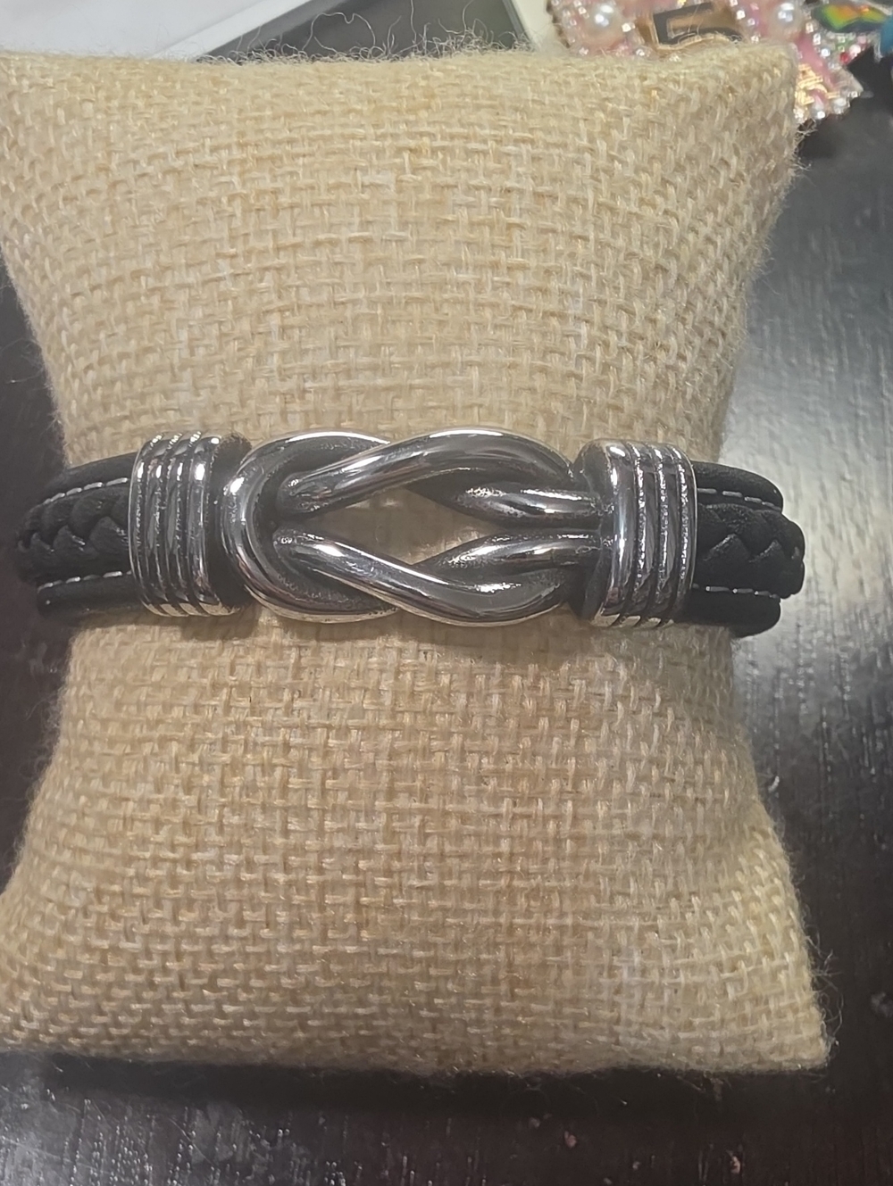 Men's Black Braided Leather Bracelet with Polished Silver Knot Clasp